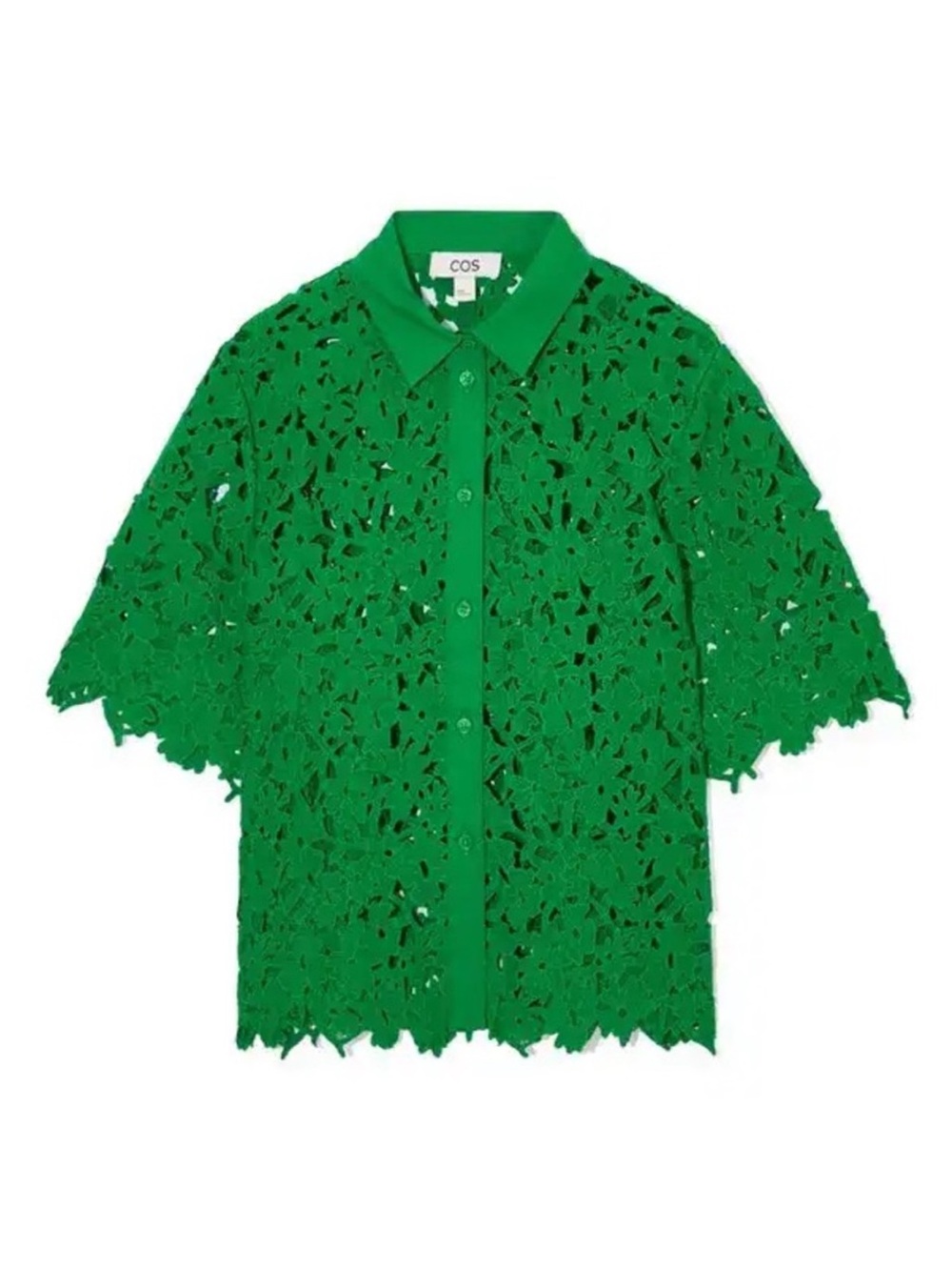 COS Bright Green Laser-Cut Lace Button-Down Blouse